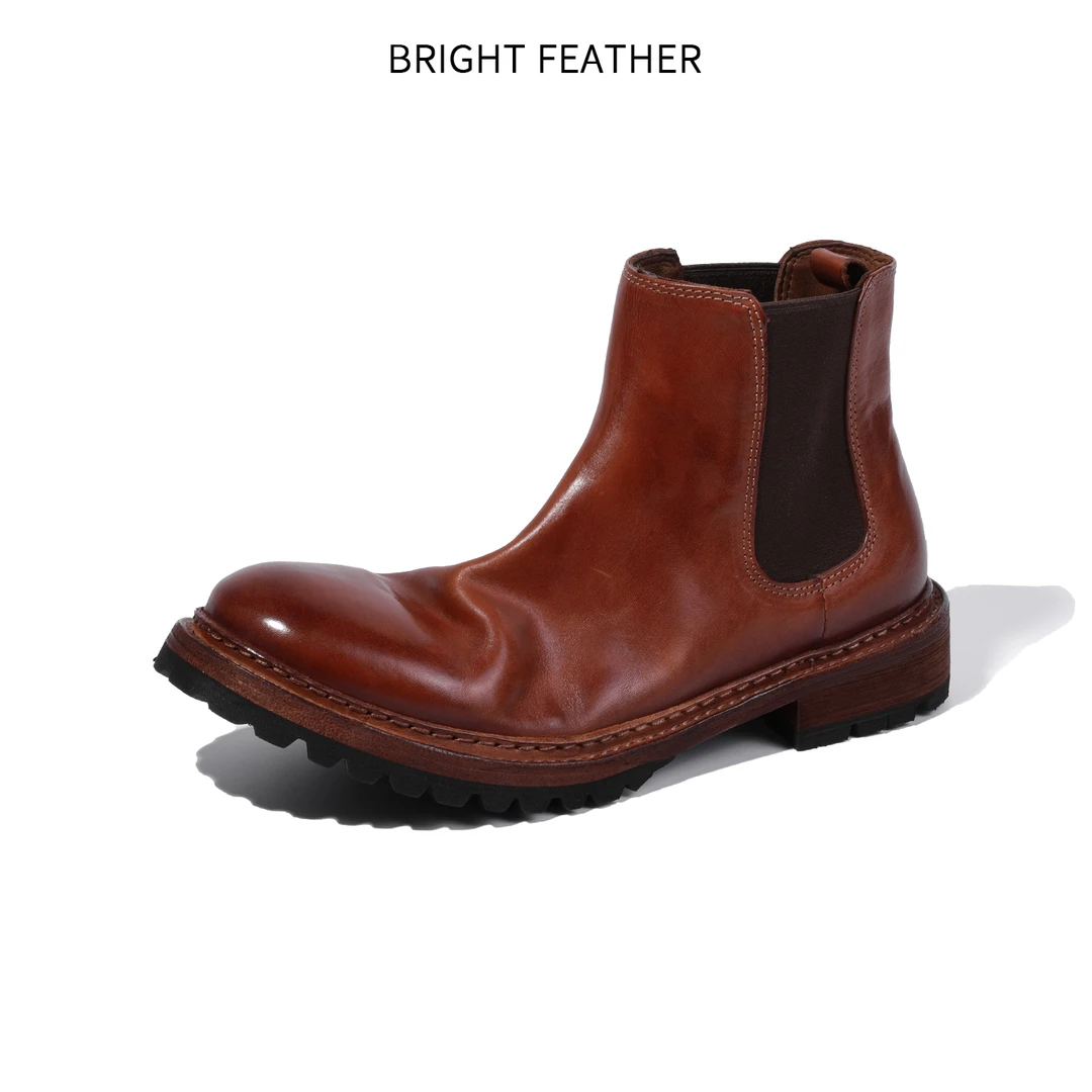 BRIGHT FEATHER时尚一脚蹬男士切尔西靴水洗做旧马皮高帮靴子防滑