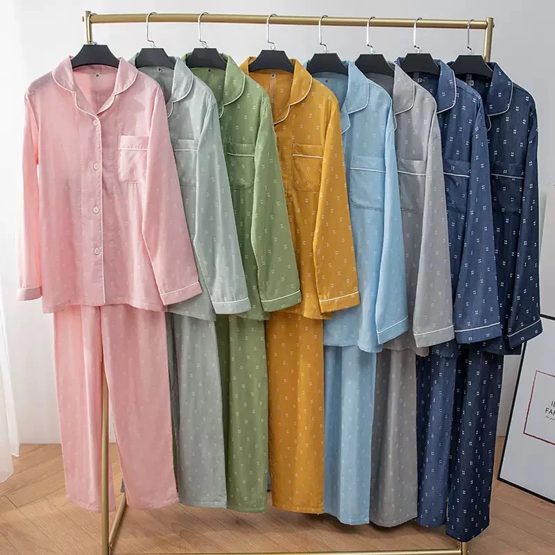 『格点』春夏色织纯棉纱布提花情侣睡衣长袖套装家居服