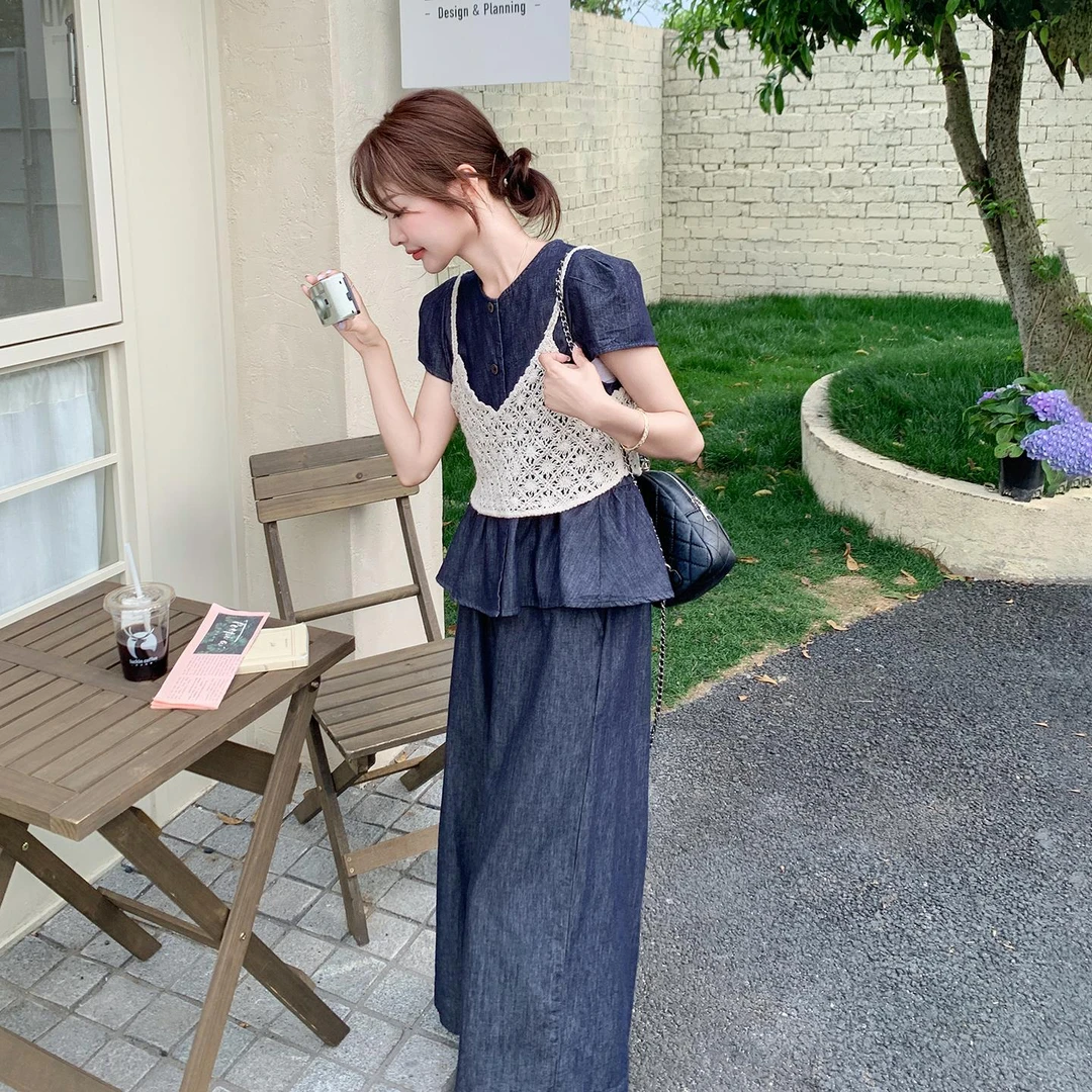 法式休闲气质牛仔三件套女2025夏季新款钩花吊带娃娃衫阔腿裤套装