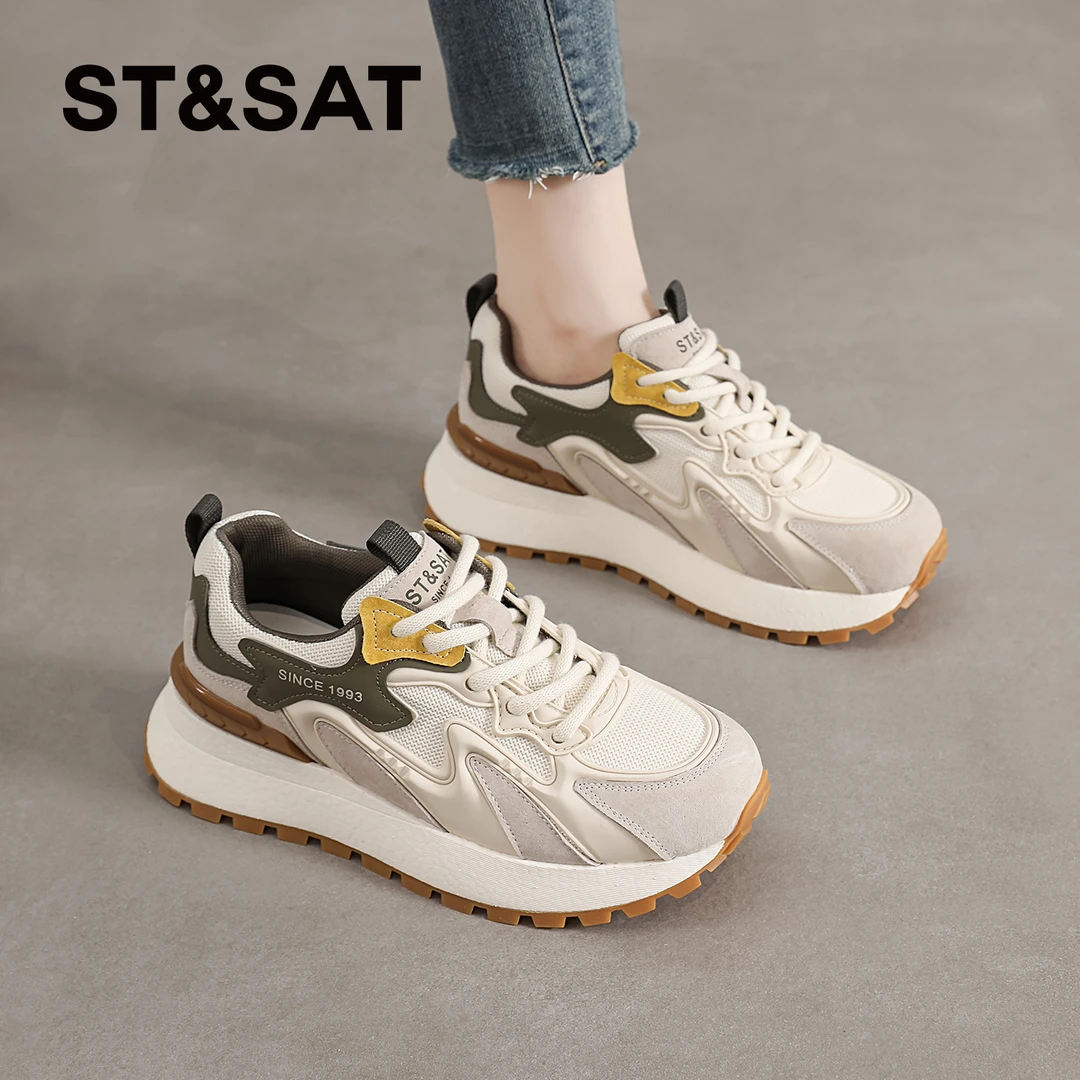 星期六秋季新款拼色潮鞋厚底网面透气老爹鞋女时尚阿甘鞋运动鞋子