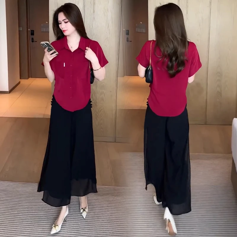 时尚洋气短袖衬衫套装女夏季新款宽松遮肚子显瘦冰丝衬衣百搭上衣