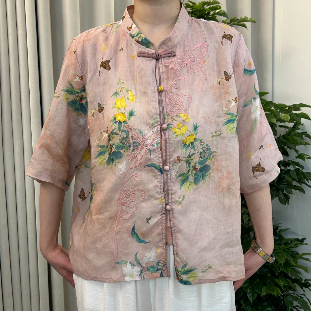 2025新款新中式刺绣蝴蝶衬衫文艺宽松立领流苏上衣国风印花短袖