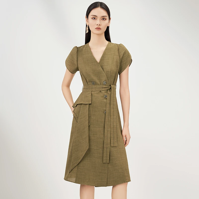 【妍妍专属】MEDECOO/墨蒂珂花苞短袖系带仿麻连衣裙MHX90207