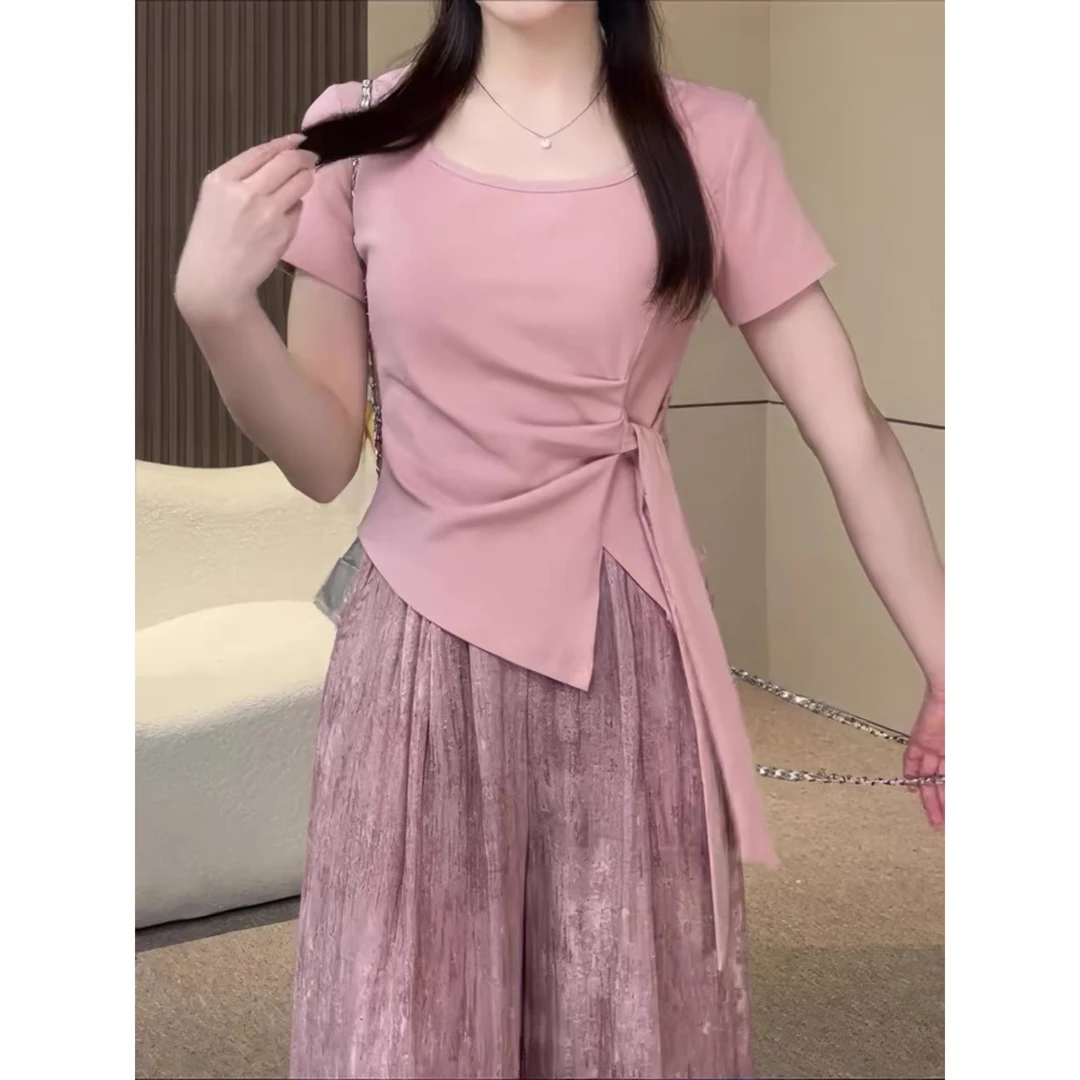 法式纯欲风方领不规则绑带收腰显瘦短袖T恤女夏季新款气质上衣