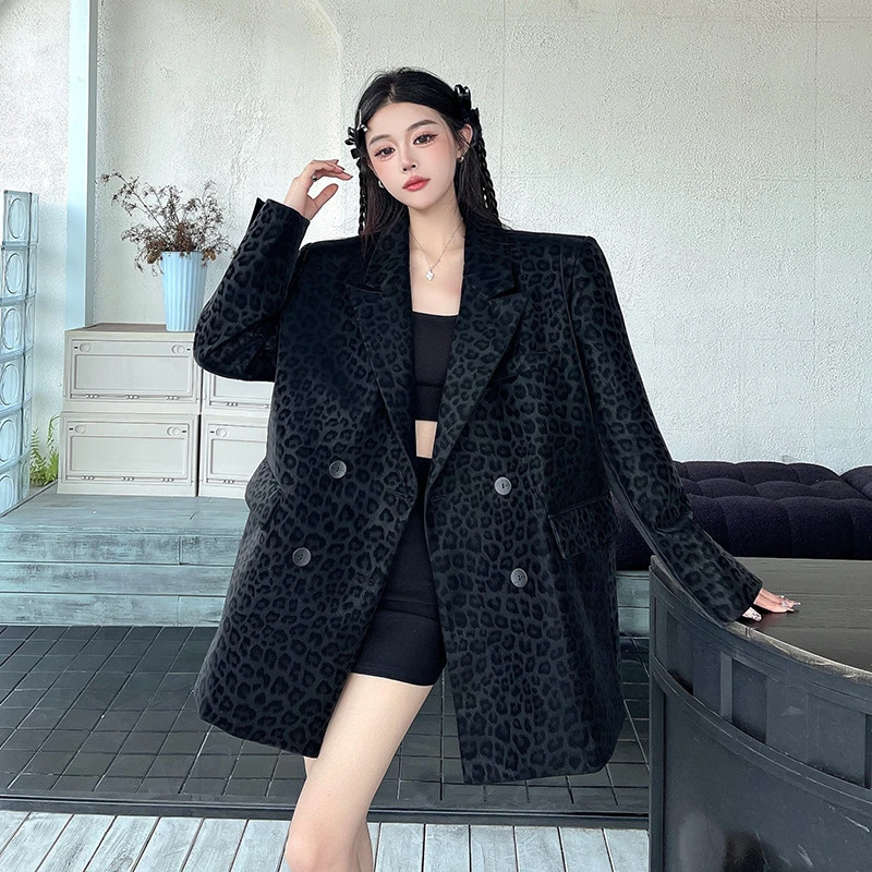 新款韩版高品质黑色豹纹西装外套女春秋新款小众设计高级感西…
