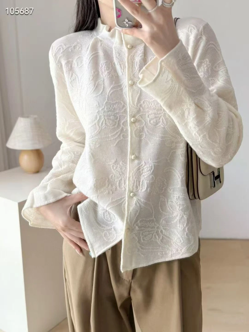 秋冬宫廷绣花针织衬衫设计感荷叶袖宽松出游服装女毛衣晚宴场合