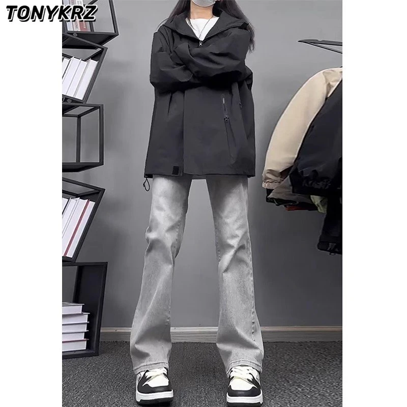 TONYKRZ烟灰色牛仔裤美式复古vibe修身直筒微喇弯刀裤子男高街潮