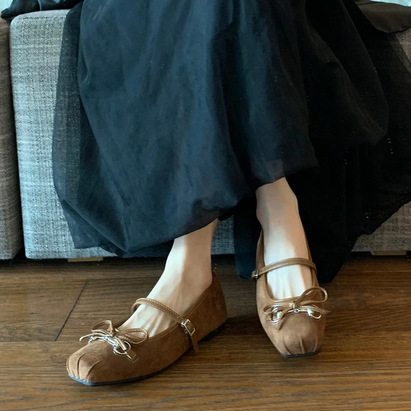 超软！法式晚风单鞋复古棕色浅口蝴蝶结马衔扣一字带芭蕾舞平底鞋