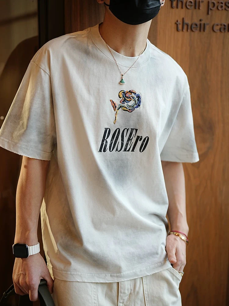 韩版潮牌渐变色重磅短袖t恤男士夏季时尚爆款纯棉刺绣圆领打底T恤