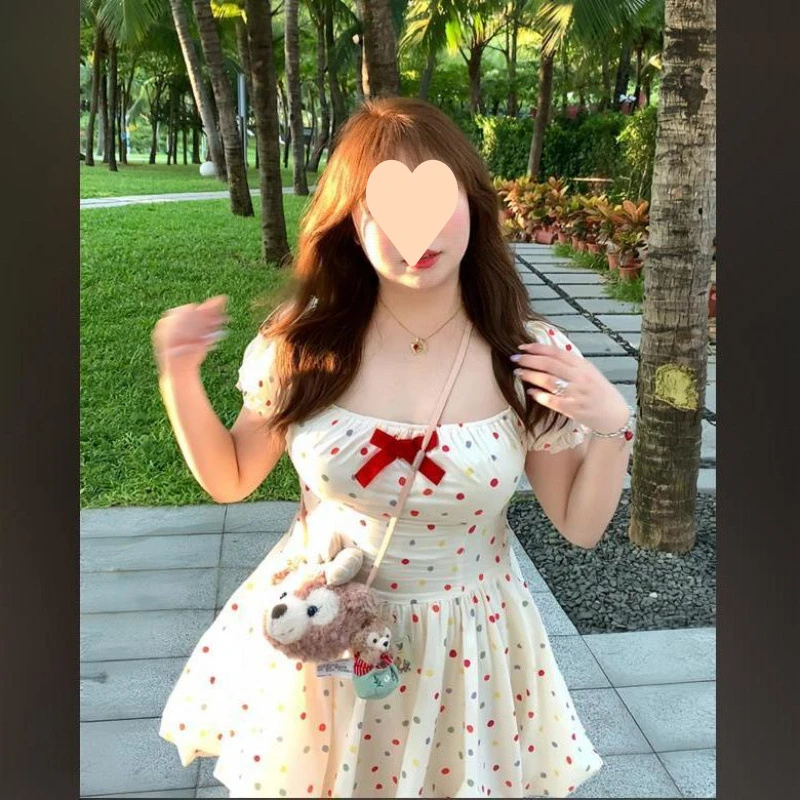 微胖可爱彩色波点公主连衣裙裙子蓬蓬夏日显瘦少女打揽蛋糕裙碎花