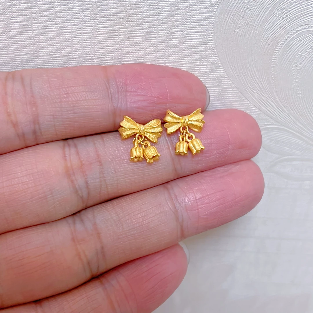 足金999蝴蝶结铃兰花耳钉直针气质仙女闪亮