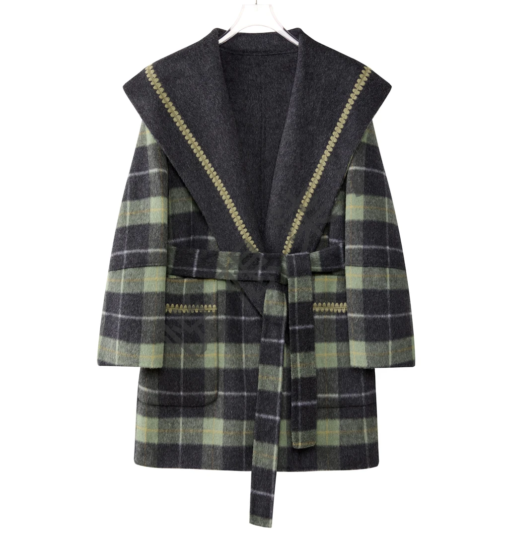 悦想柒沫【M】高奢冬季羊毛大衣灰绿格贝壳刺绣小众炸街高级感女装