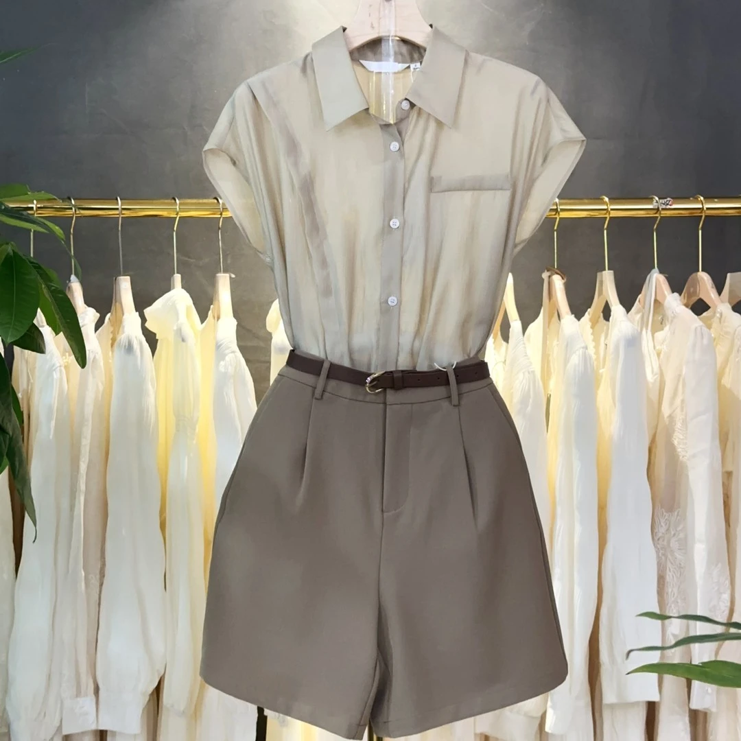 A508 夏季新款女装时尚短裤套装气质显瘦轻熟盐系上衣休闲两件套