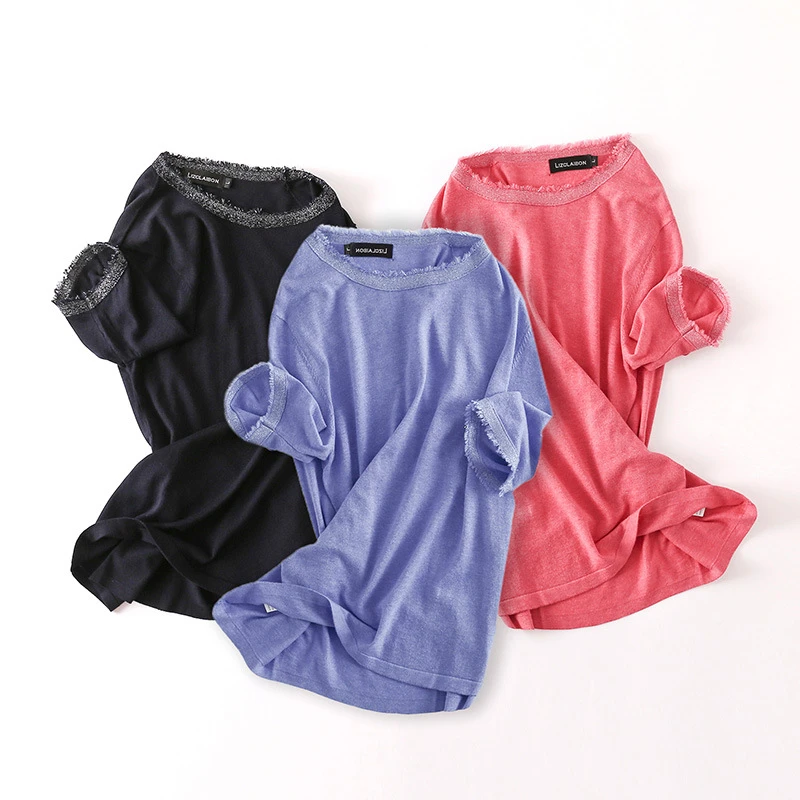 好桑缘夏季薄款桑蚕丝混纺小香风流苏短袖舒适透气T恤宽松2255