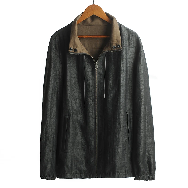 23C528【男款】春夏桑蚕丝龟裂纹香云纱长袖夹克外套双面穿