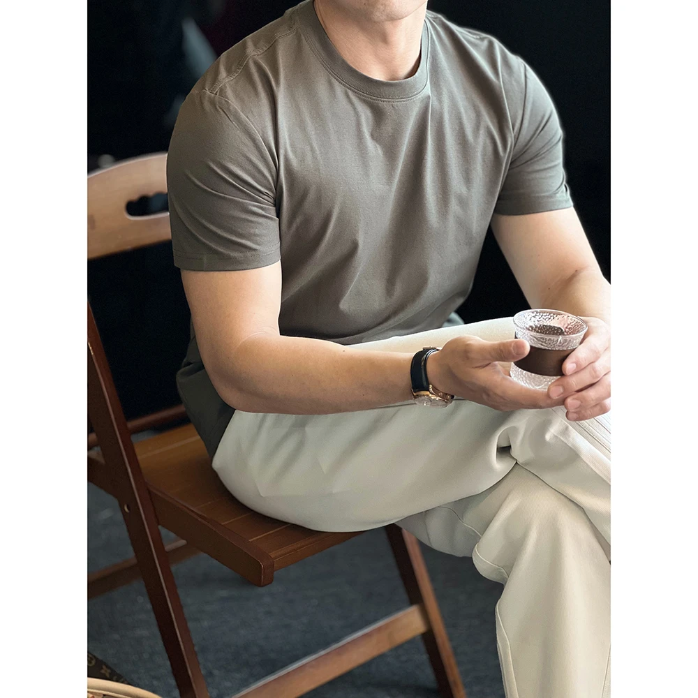 简素Design弹力透气短袖圆领T恤男休闲通勤百搭纯色打底衫春夏季