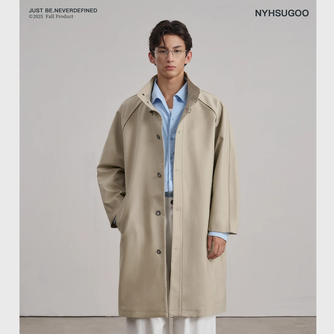 NYHSUGOO/南乙秋季100%棉飞机扣立领廓形风衣外套3886男士极简