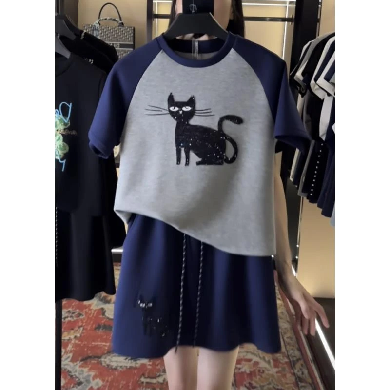 【宠粉价】夏季新款短袖贴布黑猫套两件套圆领宽松显瘦套装TZ-142
