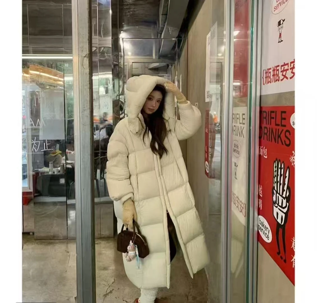 新款韩版时尚过膝收腰极简系带连帽加厚保暖服外套