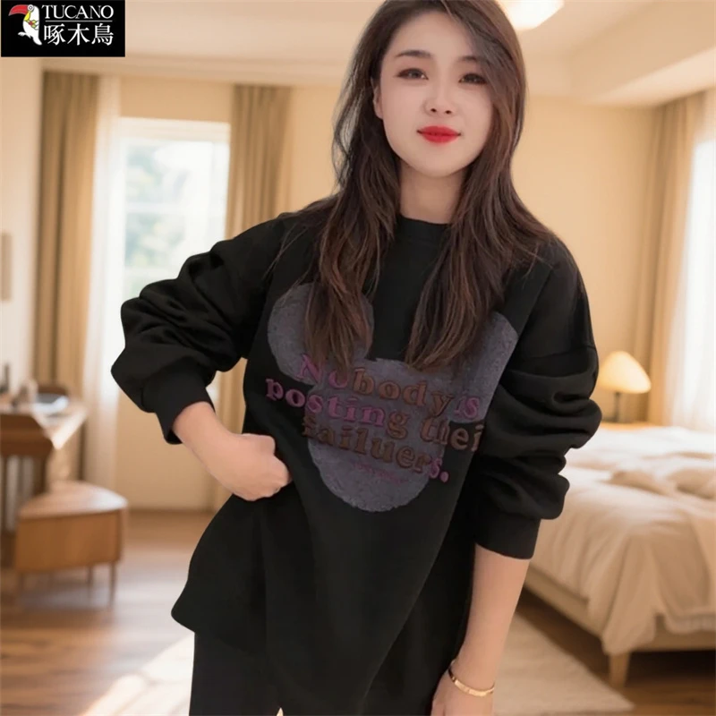 啄木鸟新款大码显瘦圆领长袖潮流上衣女洋气穿搭冬季加绒加厚卫衣