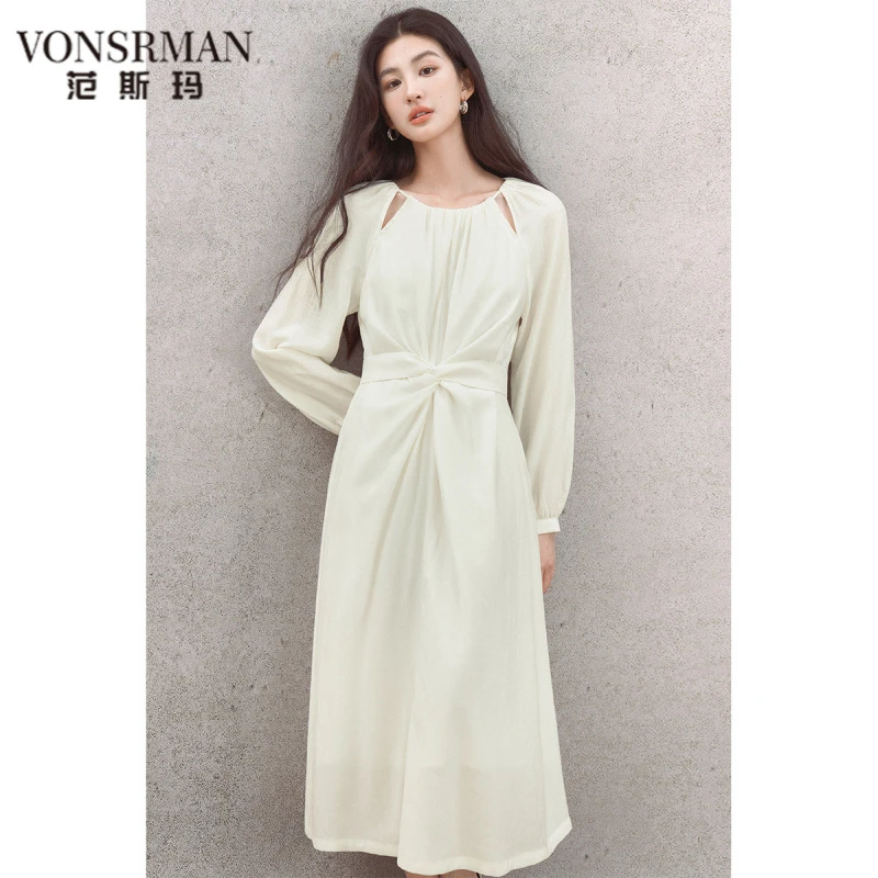 VONSRMAN解构不对称 法式白色连衣裙女秋季设计感收腰显瘦长袖裙