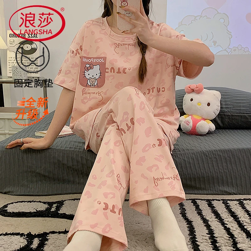 浪莎带胸垫睡衣夏季女士短袖长裤少女可外穿卡通可爱新款家居服套