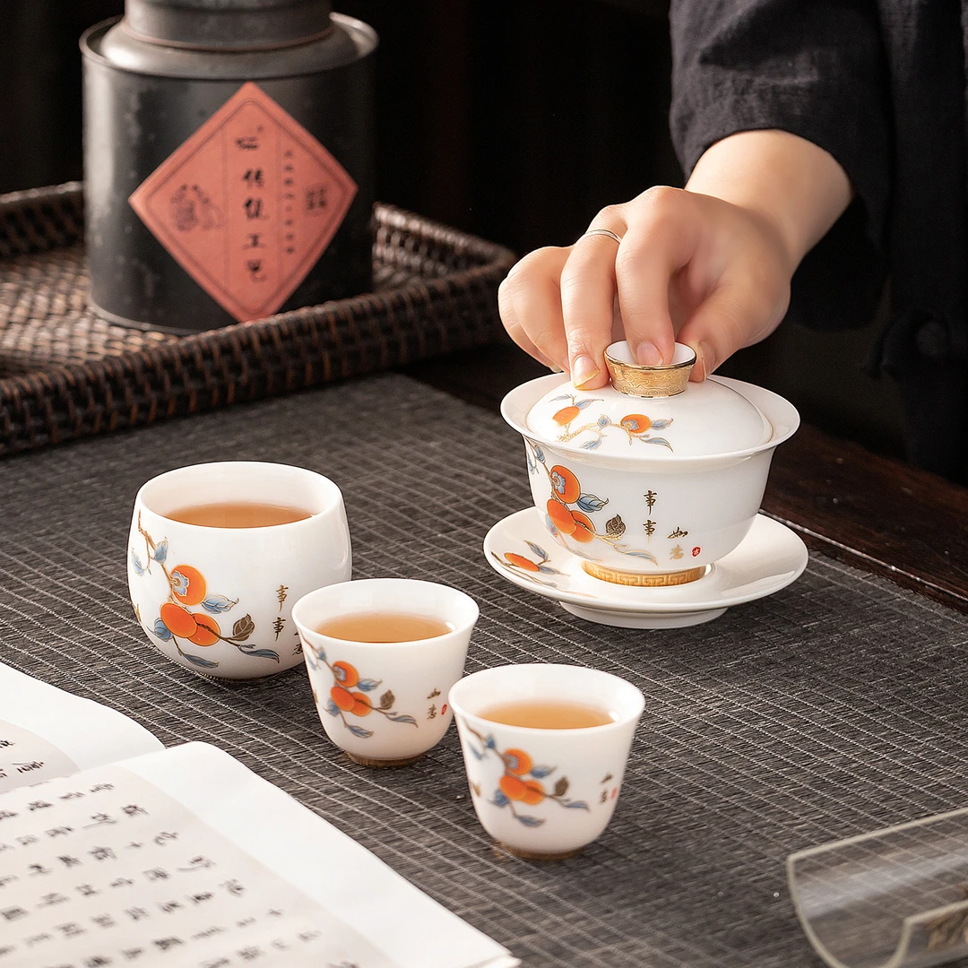 羊脂玉瓷事事如意三才盖碗可悬停陶瓷泡茶杯旅行茶具伴手礼盒定制