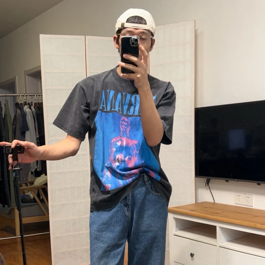 洗水棉做旧 VINTAGE短袖T恤 宽松版型 蓝色涅槃天使封面