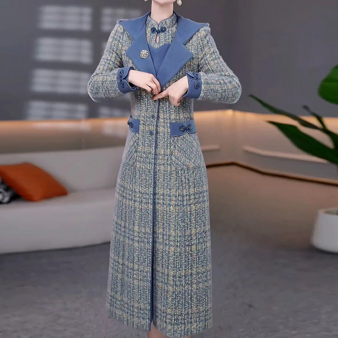 雪花绒新中式刺绣中长款外套+连衣裙两件套2025秋冬新款时尚套装
