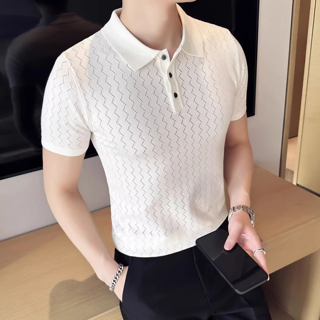 冰丝波浪条纹针织翻领短袖男T恤修身薄款镂空Polo衫