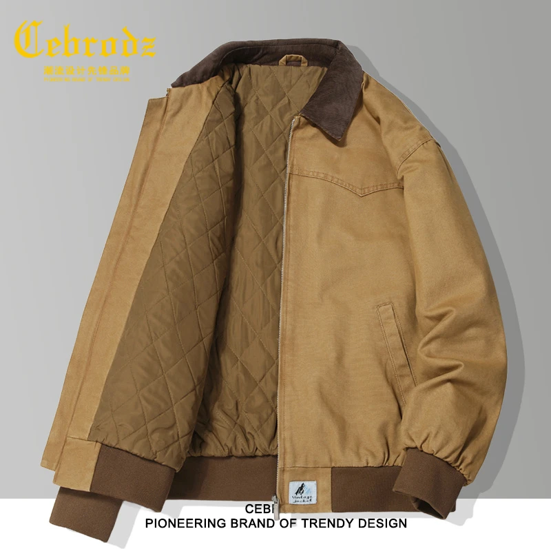 法国Cebrodz棉衣外套男秋冬美式复古工装夹克宽松休闲翻领棉服男