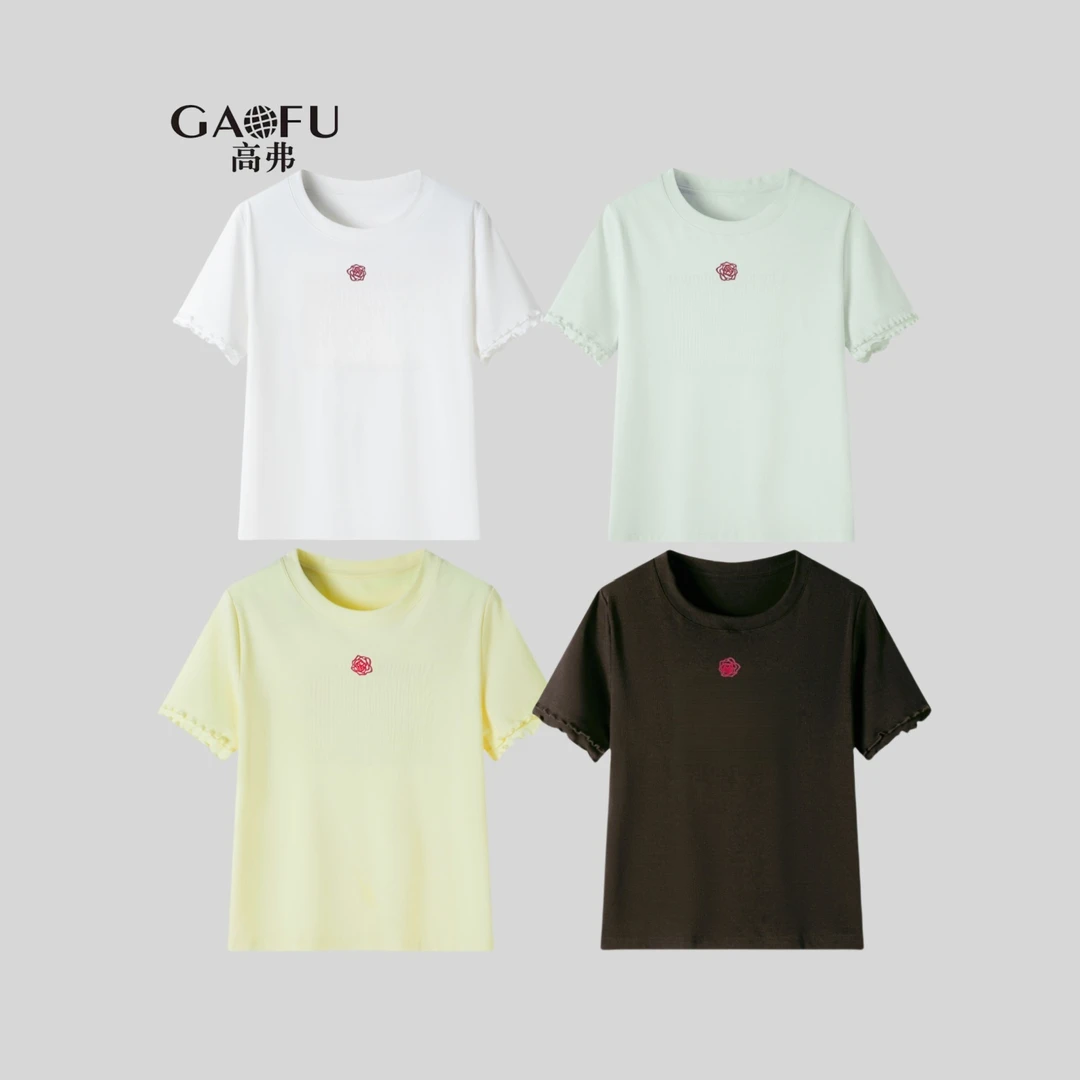 高弗/GAOFU  50支高弹螺纹精棉 立体山茶花 花边袖夏季T恤女A8866