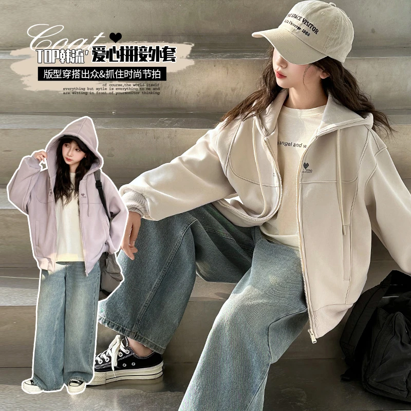 女童春款小爱心外套牛仔裤2025新款连帽休闲炸街韩版时髦宽松儿童