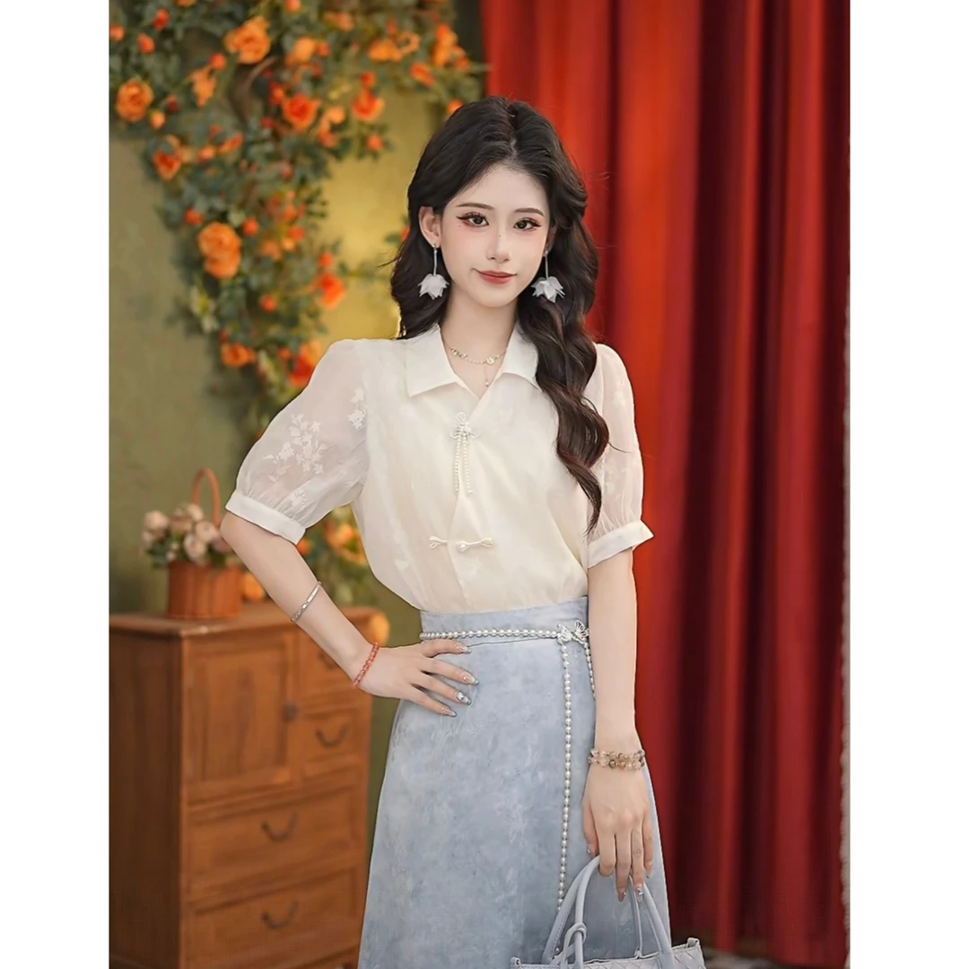 DaYuanSAD【辞花】张嘉圆新款复古风气质新中式短袖衬衫上衣女#4610
