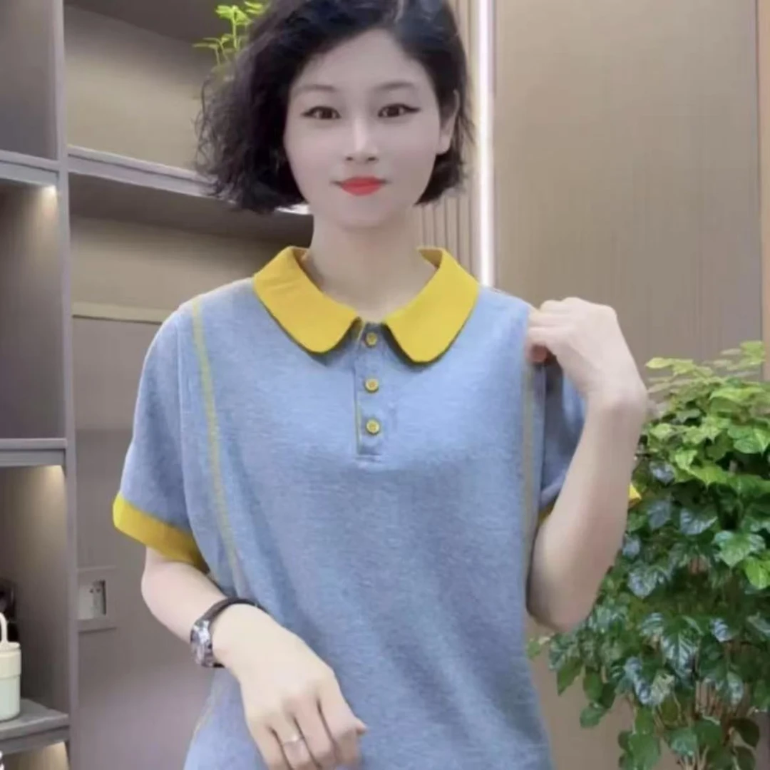 2025夏季新款女士上衣拼色撞色翻领短袖小衫T恤显瘦百搭洋气休闲