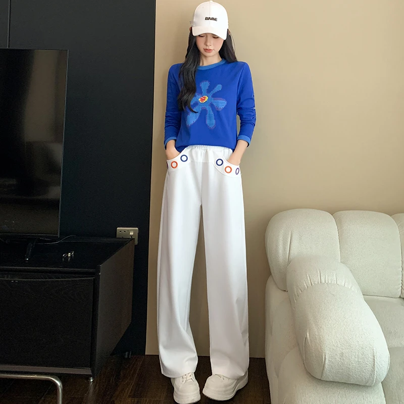 蓝色长袖印花T恤阔腿裤两件套秋季新款设计感小众休闲风显瘦套装