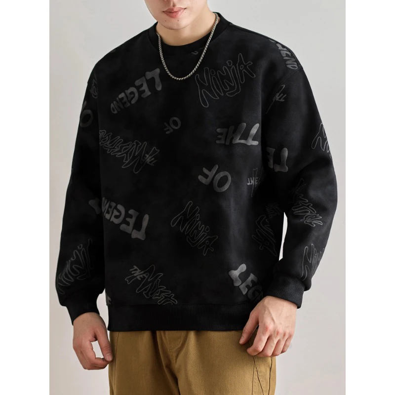 MR.MUDI/穆迪先生水洗云染圆领卫衣男士秋季新款宽松字母印花上衣