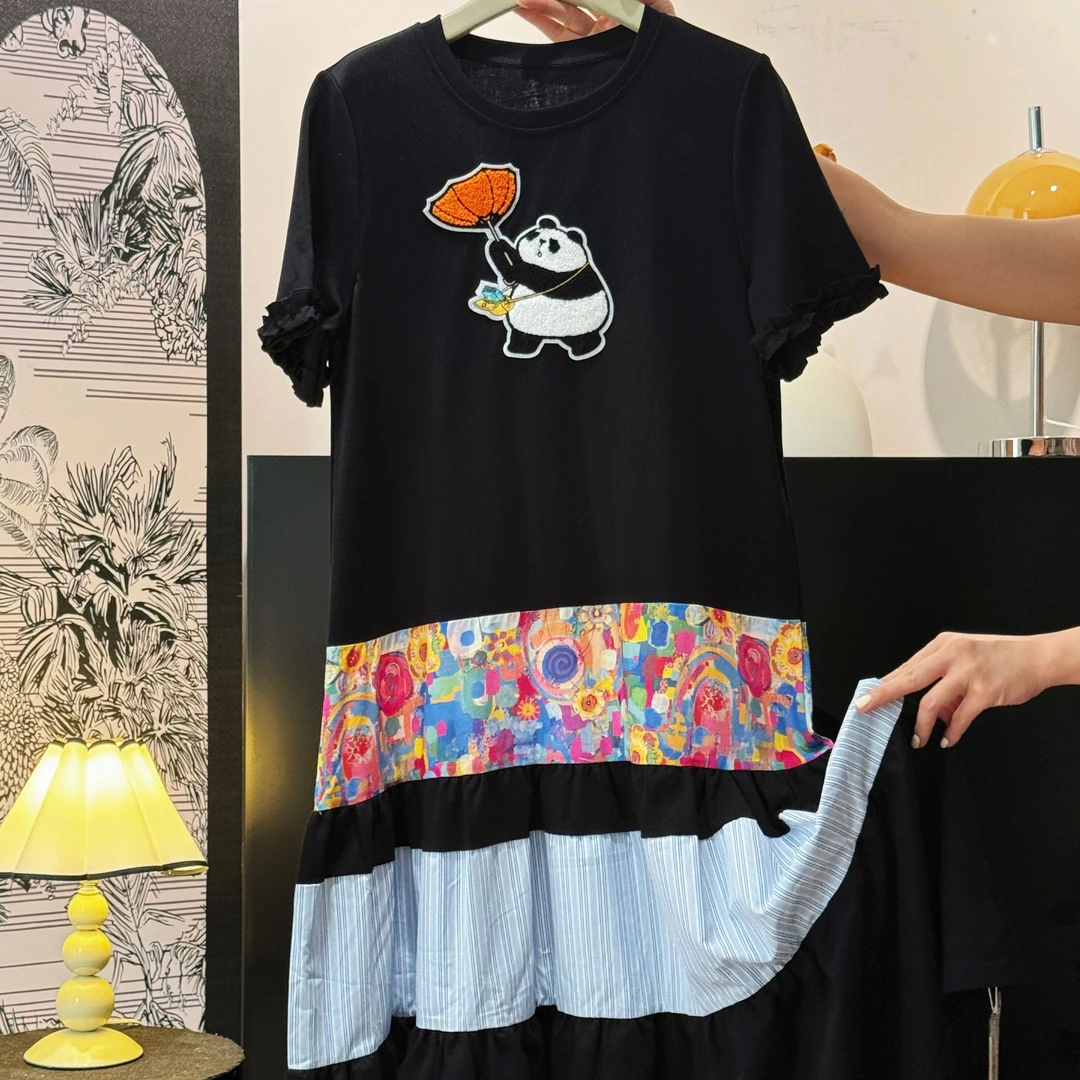 宽松艺术感小熊猫夏季时尚透气连衣裙休闲减龄中长款裙DP7594