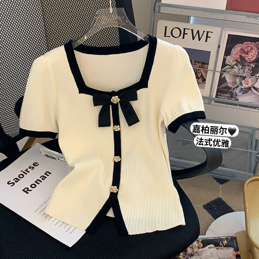 白色方领短袖冰丝针织衫女夏季2025新款小香风短款上衣蝴蝶结T恤