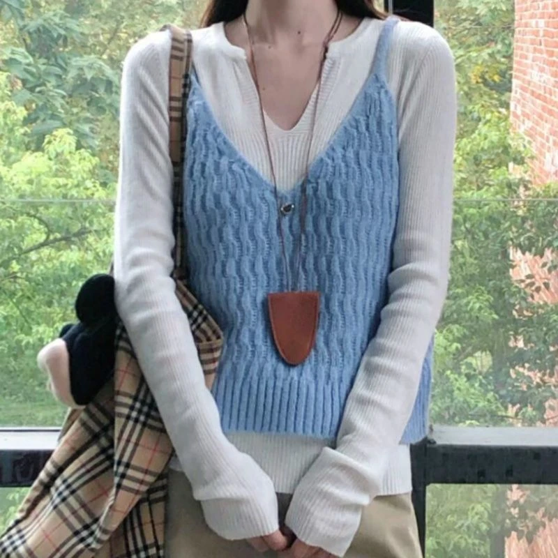 韩系蓝色V领吊带女2025早秋季高级气质修身长袖针织衫叠穿两件套