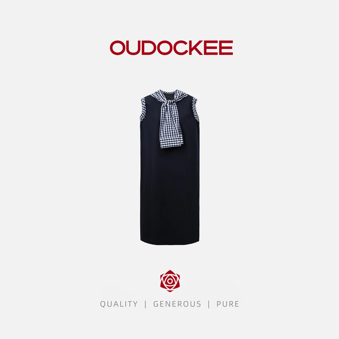OUDOCKEE 鸥鸥 【100棉】圆领无袖格子披肩连衣裙 L2503K500T