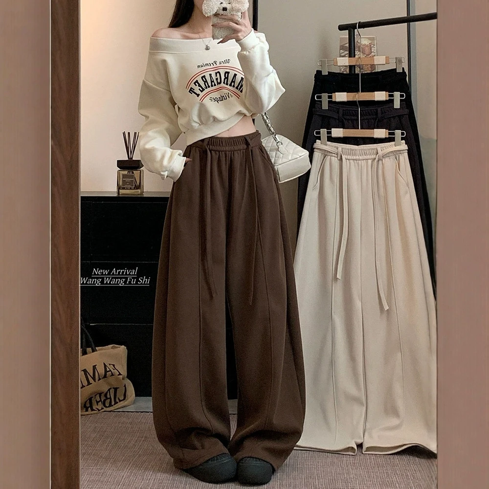 加绒弯刀阔腿裤女秋冬季2025新款慵懒风高腰宽松直筒加厚休闲裤子