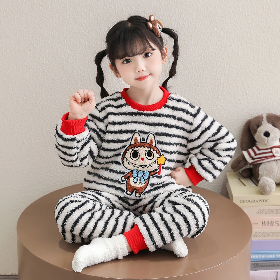 女童睡衣秋冬季珊瑚绒2025新款女孩宝宝加厚法兰绒儿童家居服套装