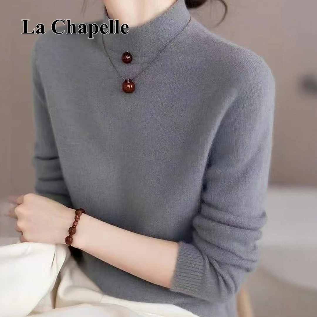 拉夏贝尔韩系百搭休闲慵懒风灰色半高领针织毛衣女款2025新款打底