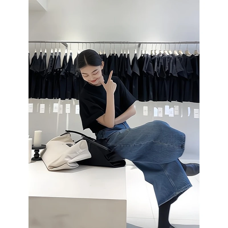 韩系百搭宽松短袖T恤圆领半袖上衣高腰直筒宽松牛仔裤八分阔腿裤