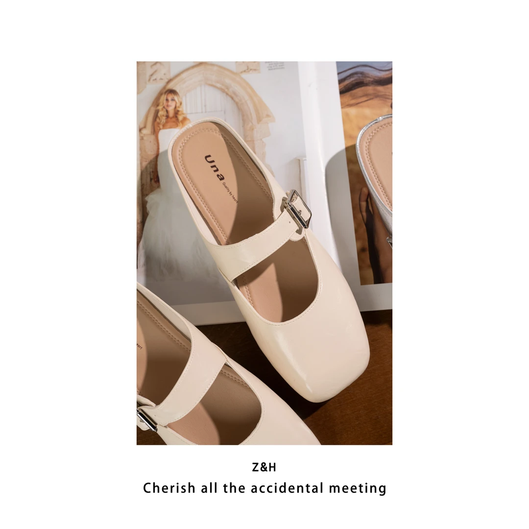 ZH【月牙弯弯】时尚百搭夏季方头低跟皮鞋凉鞋