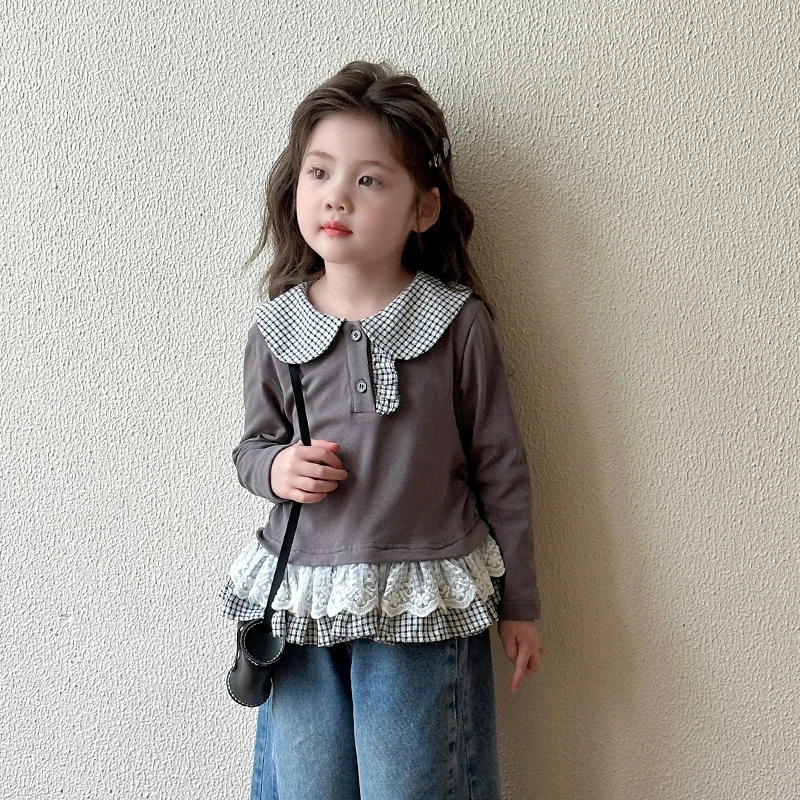 2025新款女童春秋季长袖翻领韩版蕾丝格子花边柔软处理安全B类90%