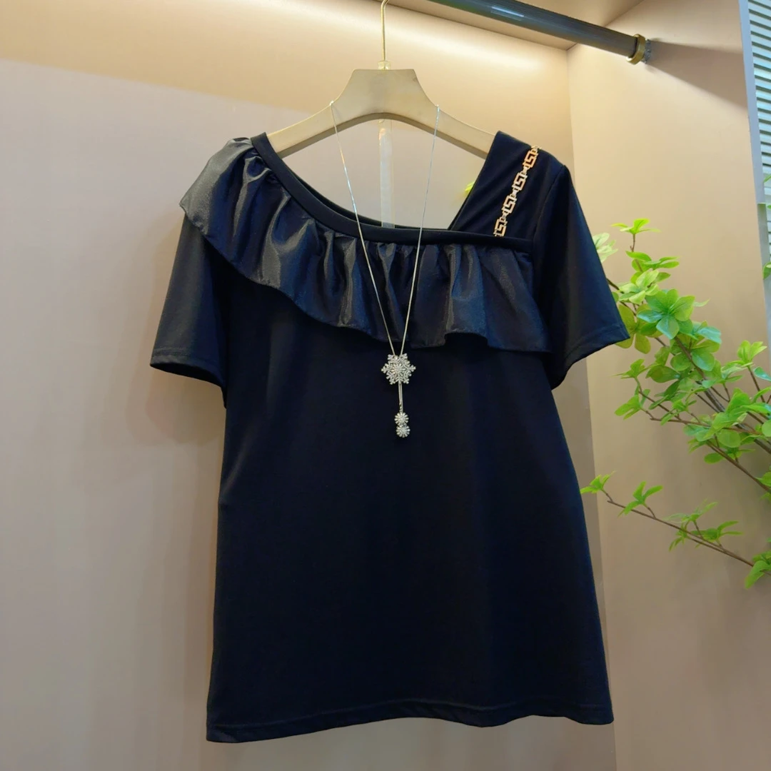 洋气重工胖MM新款拼接花边显瘦减龄百搭上衣（长62左右）