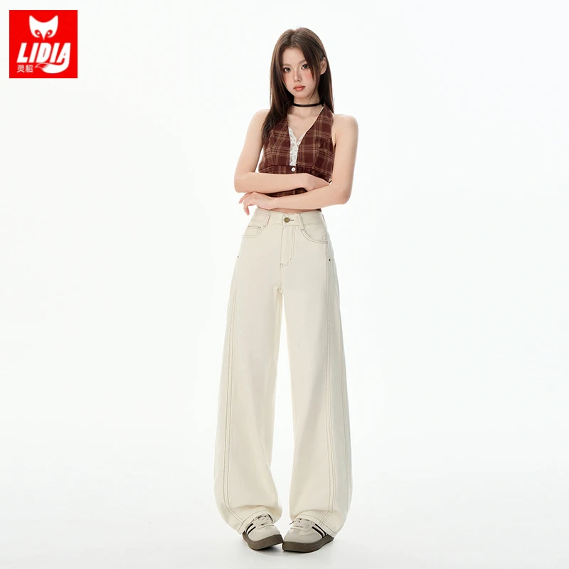 杏色美式弯刀裤牛仔裤女2025秋季高腰设计感修身显瘦宽松阔腿裤潮
