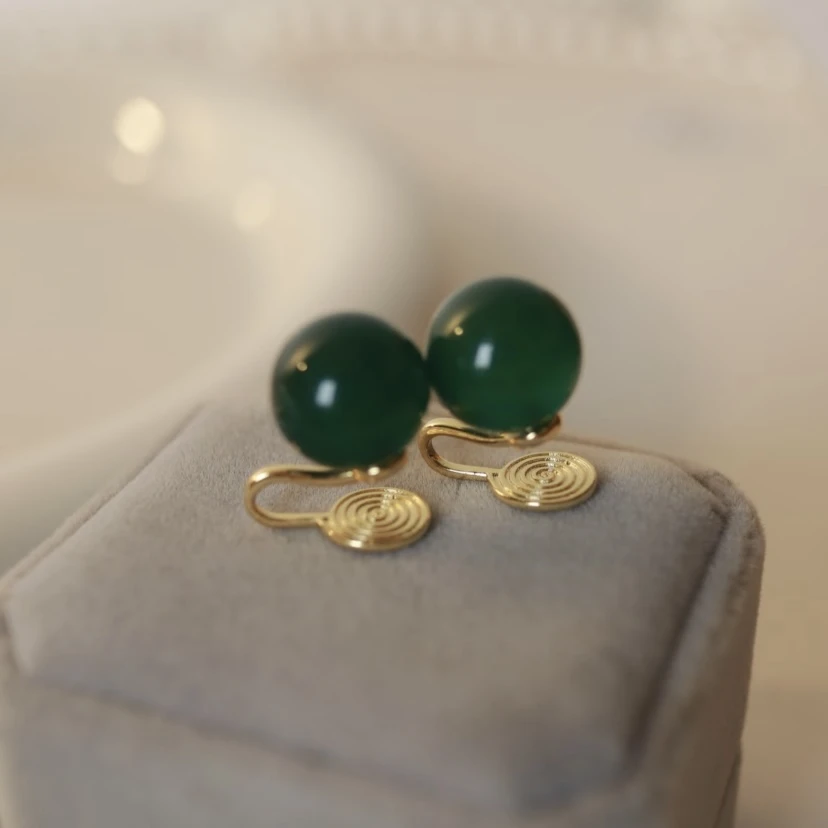 铜合金耳饰 H273绿水晶新中式无耳洞耳夹蚊香盘国风复古简约耳夹